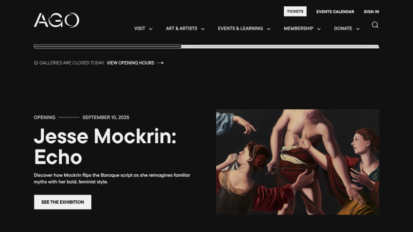 Exhibition announcement for Jesse Mockrin: Echo at AGO, featuring artwork and event details.