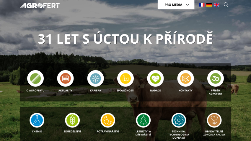 Agrofert website with headline about 31 years of nature respect and navigation icons for company info, news, career, and more