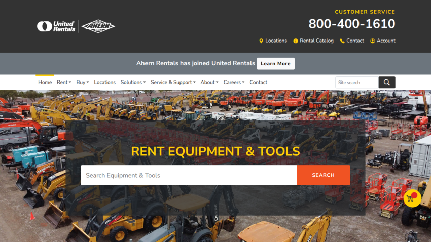 United Rentals equipment rental website with search bar and contact info above a large equipment yard image