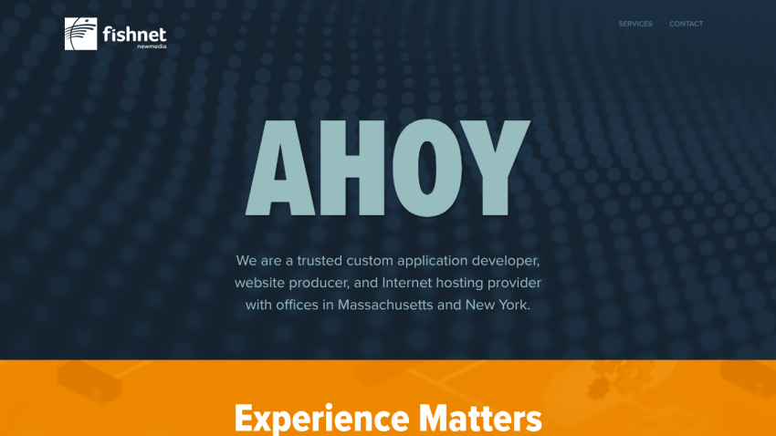 Fishnet homepage with tagline about custom application development and hosting services in Massachusetts and New York