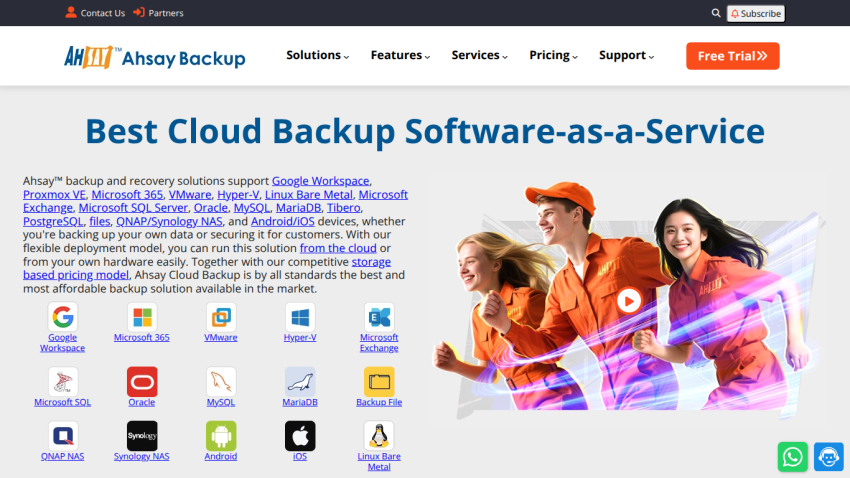 Ahsay Backup homepage showcasing cloud backup software with supported platforms and a free trial button