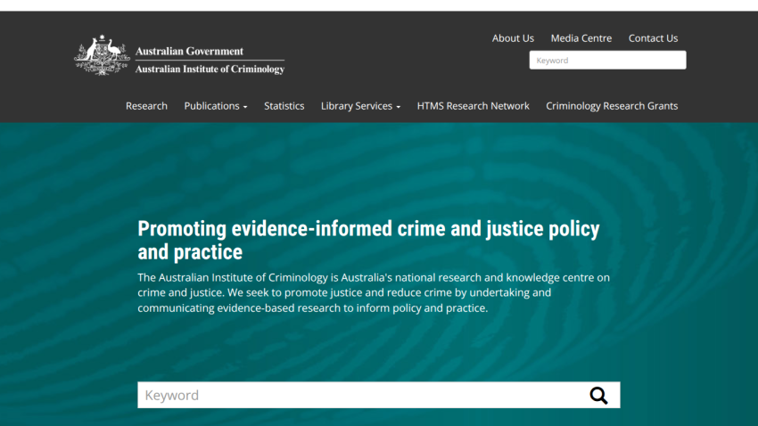 Homepage promoting evidence-informed crime and justice policy with a search bar.