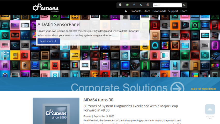 Corporate solutions section of ADM64 website with logo and description.