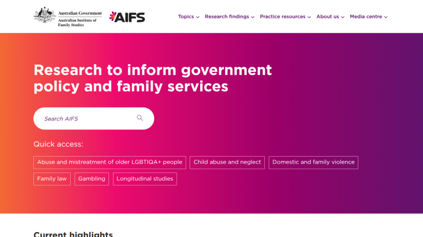 Homepage of AIFS with a search bar and quick access links for family services.