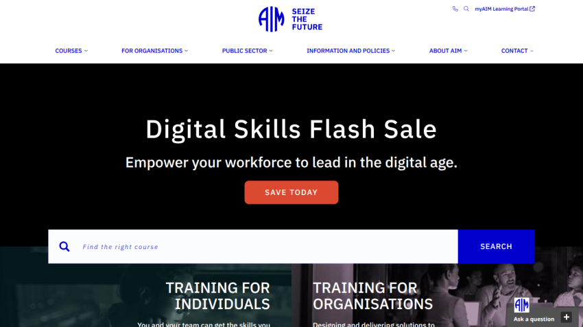 Website header with navigation and a digital skills flash sale promotion encouraging workforce empowerment with a save today button and course search bar