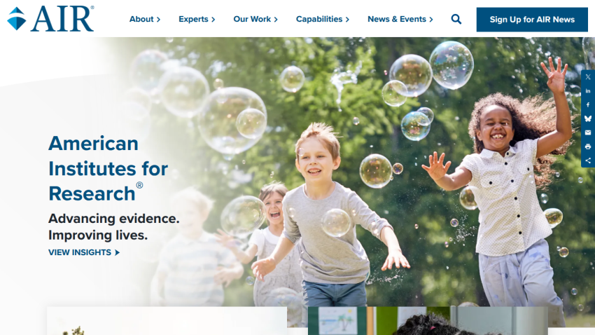 Homepage of American Institutes for Research featuring children playing with bubbles and a mission statement.