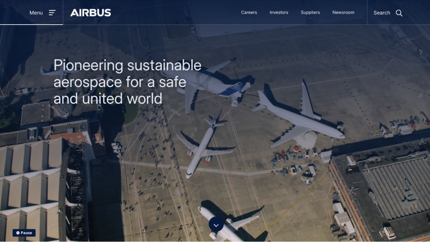 Airbus homepage featuring a tagline about sustainable aerospace and an aerial view of aircraft.