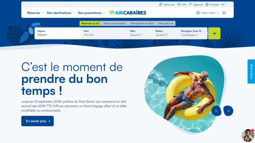 Air Caraïbes website promoting travel with a vibrant hero image and call to action.