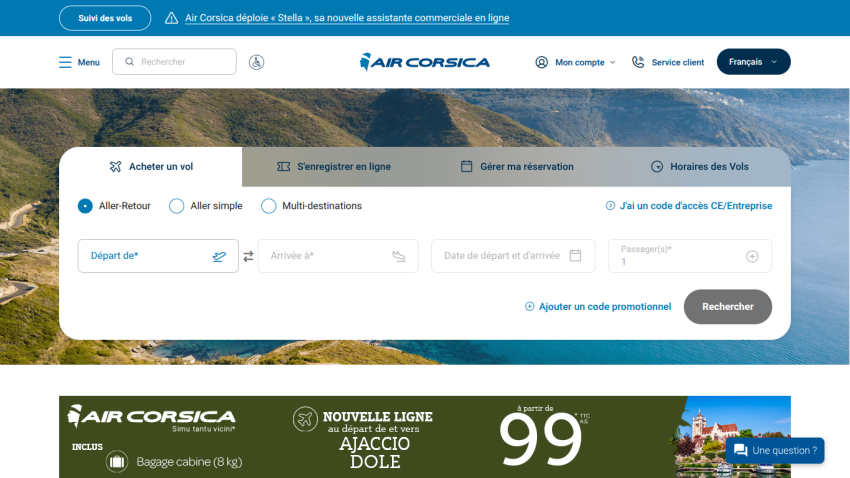 Flight booking interface with departure and arrival options, featuring a scenic background.