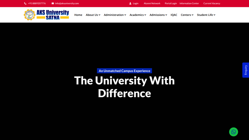 AKS University Satna homepage with navigation menu and headline The University With Difference