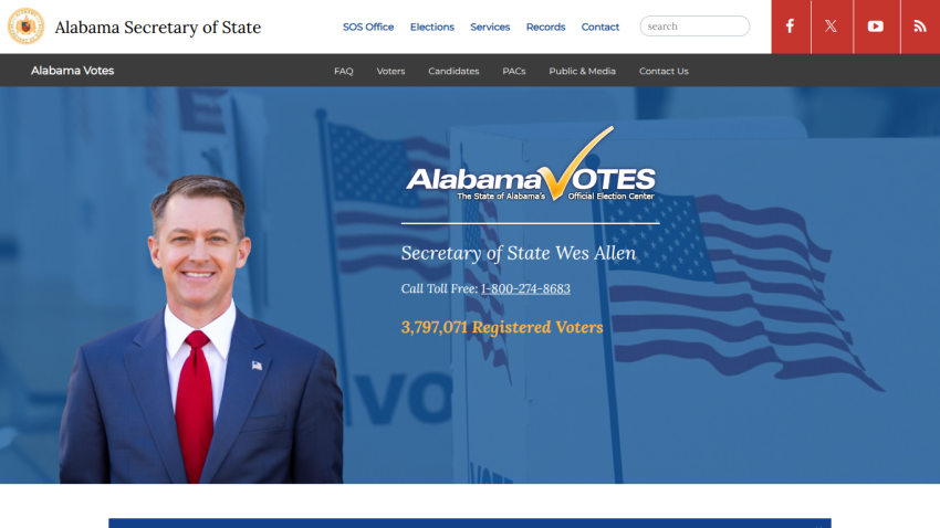 Alabama Secretary of State election center homepage with contact info and registered voters count