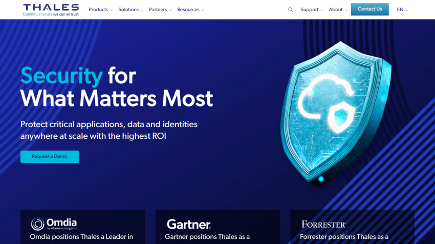 Thales website hero section promoting security for critical applications with a demo request button