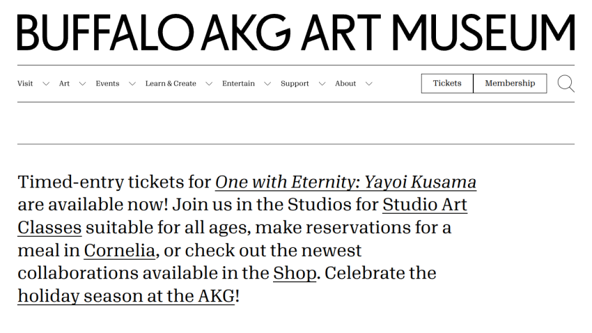 Buffalo AKG Art Museum homepage with navigation menu and announcement about timed-entry tickets and studio art classes.