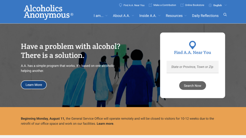 Alcoholics Anonymous homepage with a message about a solution for alcohol problems and a search box to find A.A. near you
