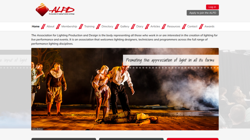 Homepage of ALPD showcasing performers with dramatic lighting and a tagline about appreciating light.