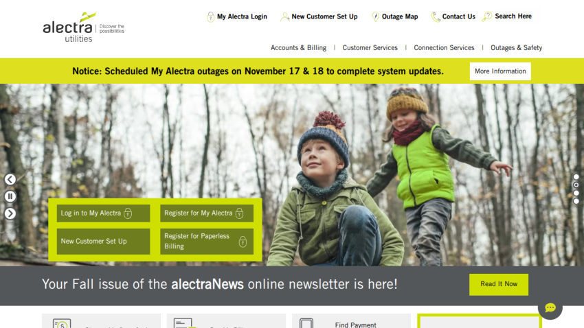 Alectra Utilities homepage with login options, scheduled outage notice, and fall newsletter announcement