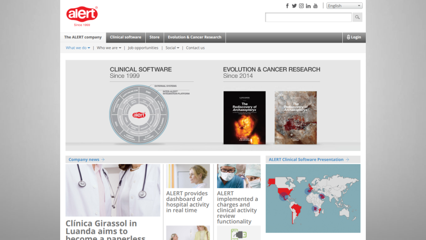 Homepage featuring clinical software and cancer research sections with relevant images and text.