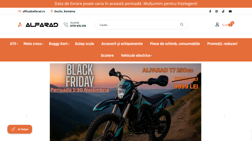 Alfarad website with Black Friday promotion for T7 250cc motorcycle discounted to 9999 LEI in November