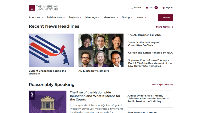The American Law Institute homepage featuring recent news headlines, member elections, and podcast episodes.