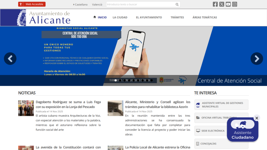 Alicante city council website with navigation bar, hero section showing a hand holding a phone, and news articles below