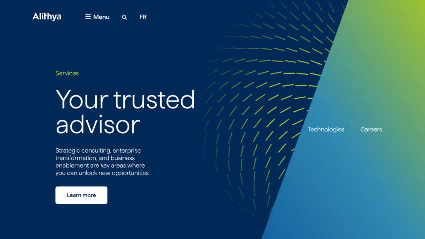 Alithya homepage with headline 'Your trusted advisor' and description of strategic consulting and enterprise transformation services