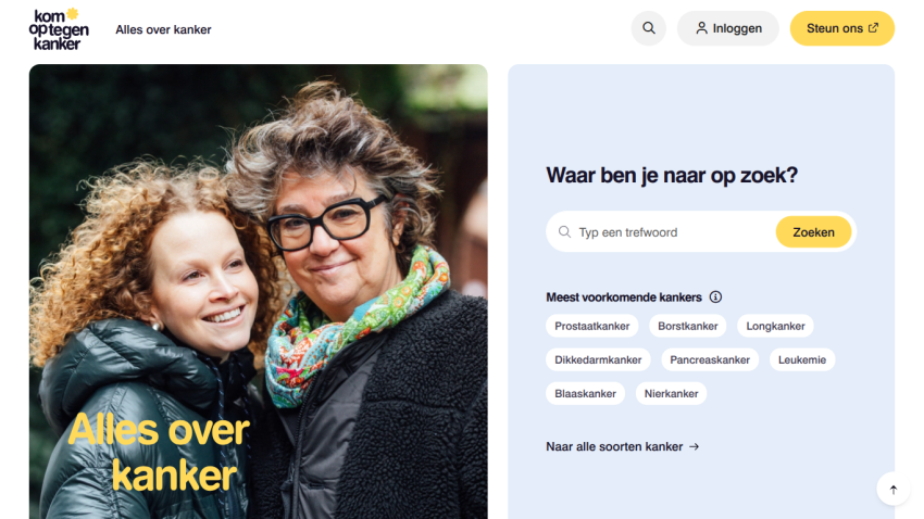Homepage featuring two women smiling, with a search bar and options related to cancer information.
