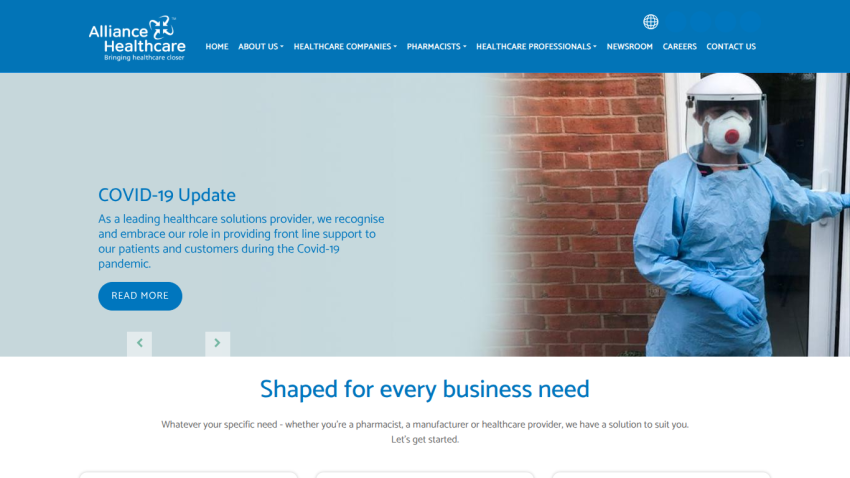 Alliance Healthcare homepage with COVID-19 update and healthcare support message, navigation menu visible