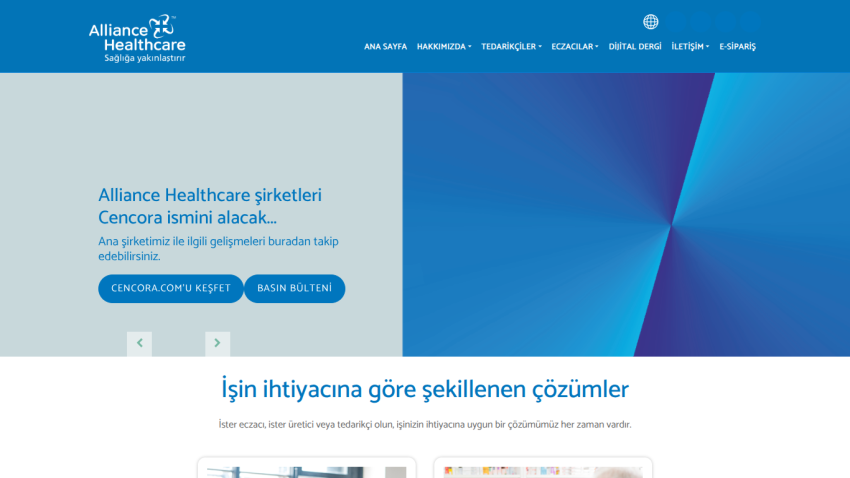 Alliance Healthcare homepage featuring services and a call to action button.