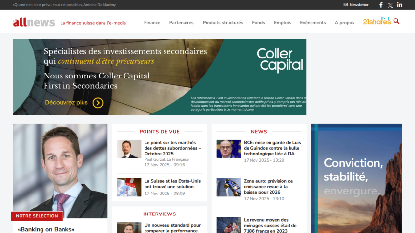 Allnews homepage featuring Coller Capital investment specialists, market views, news, and interviews in Swiss finance media