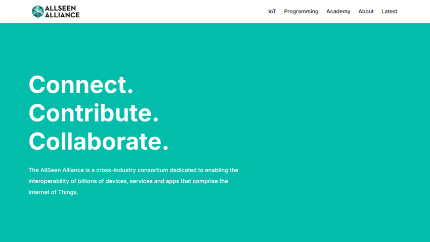 Homepage of the AllSeen Alliance featuring a tagline about connectivity and collaboration.