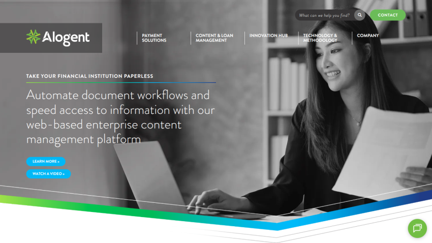 Alogent homepage highlighting Top Workplaces 2024-2025 award with navigation menu and search bar