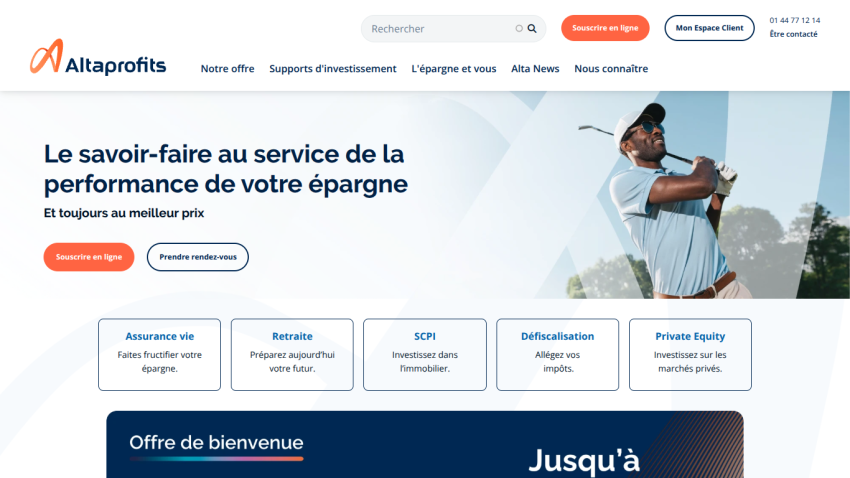 Homepage of AltaProfits featuring a golfer and service offerings.