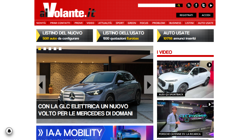 Homepage of alVolante.it featuring a Mercedes-Benz GLC and navigation options.