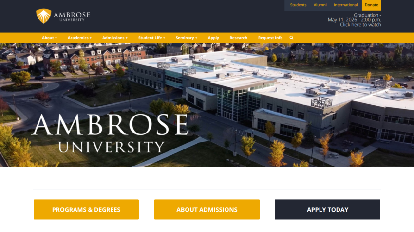 Ambrose University homepage featuring campus image and navigation links.