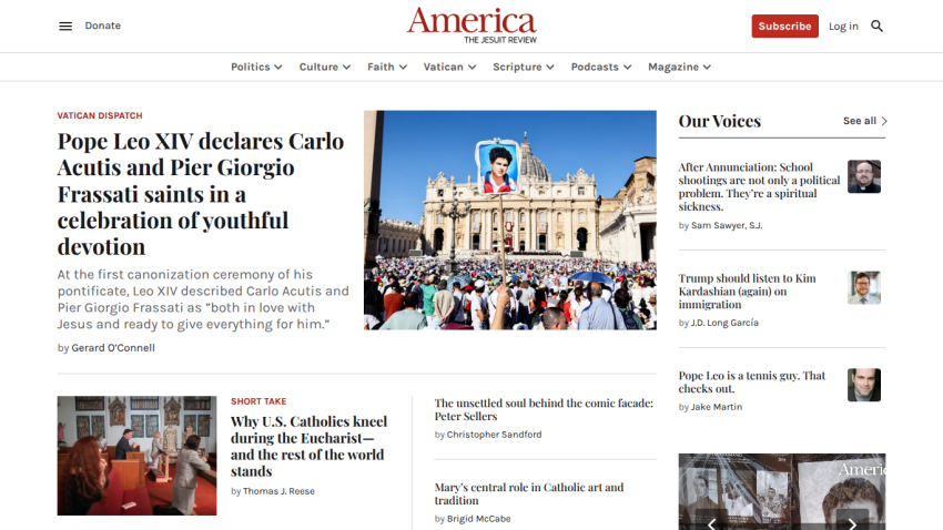Homepage of America Magazine featuring an article about Pope Leo XIV's declaration of saints.