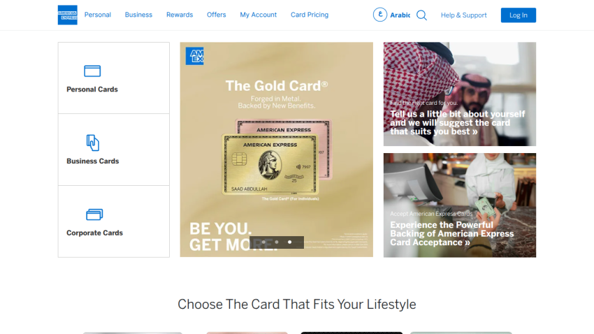 American Express homepage with navigation, card categories, and promotional offers for The Gold Card and card acceptance