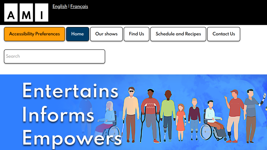 Website header with navigation and search, hero section with text 'Entertains Informs Empowers' and diverse illustrated people.