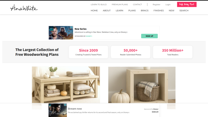 Homepage featuring woodworking plans with a promotional banner and key statistics.
