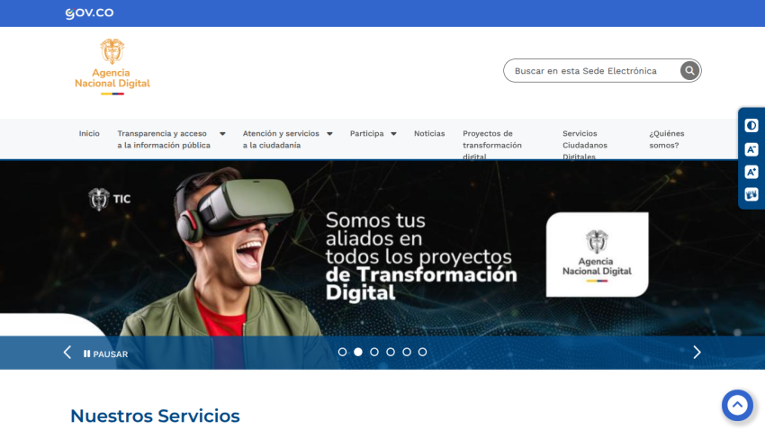 Homepage of a digital projects company featuring a smiling woman with VR headset and navigation menu