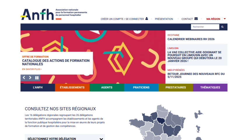 ANFH homepage with training catalog, regional news, navigation menu, and map of regional delegations for hospital staff training.