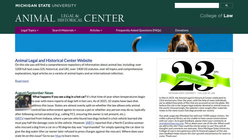 Animal Legal and Historical Center homepage with navigation and featured articles.