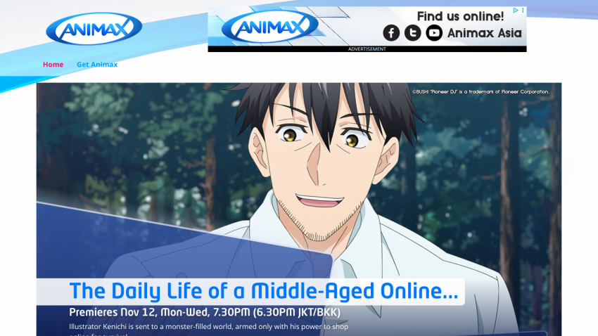 Animax homepage featuring The Daily Life of a Middle-Aged Online premiere details and character image