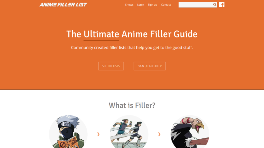 Homepage of Anime Filler List featuring a guide to anime fillers and explanation of filler.