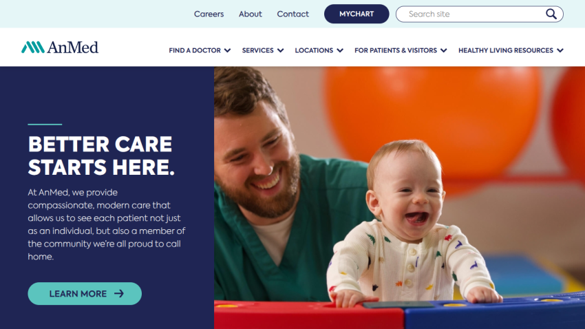 AnMed healthcare homepage with navigation, headline 'Better Care Starts Here', descriptive text, and smiling man with baby