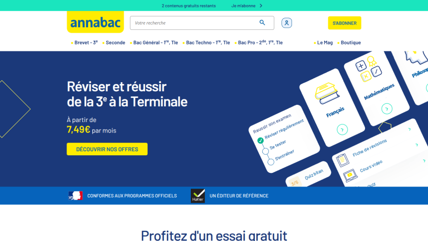 Educational site offering revision and success tips for grades 3 to Terminale starting at 7.49€ per month