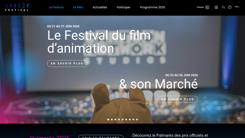 Homepage of the Animation Film Festival featuring event dates and a call to action.