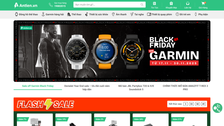 Antien.vn homepage with Black Friday Garmin watch sale banner and flash sale product discounts.