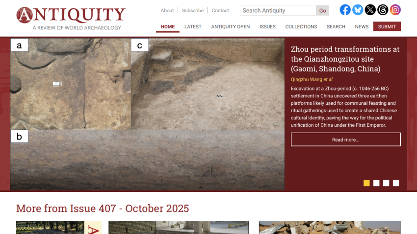 Antiquity archaeology journal homepage featuring Zhou period site excavation images and article summary