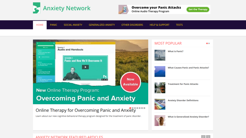 Anxiety Network homepage featuring online therapy programs and popular articles.