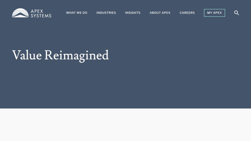 Apex Systems website header with navigation and hero section titled 'Value Reimagined'